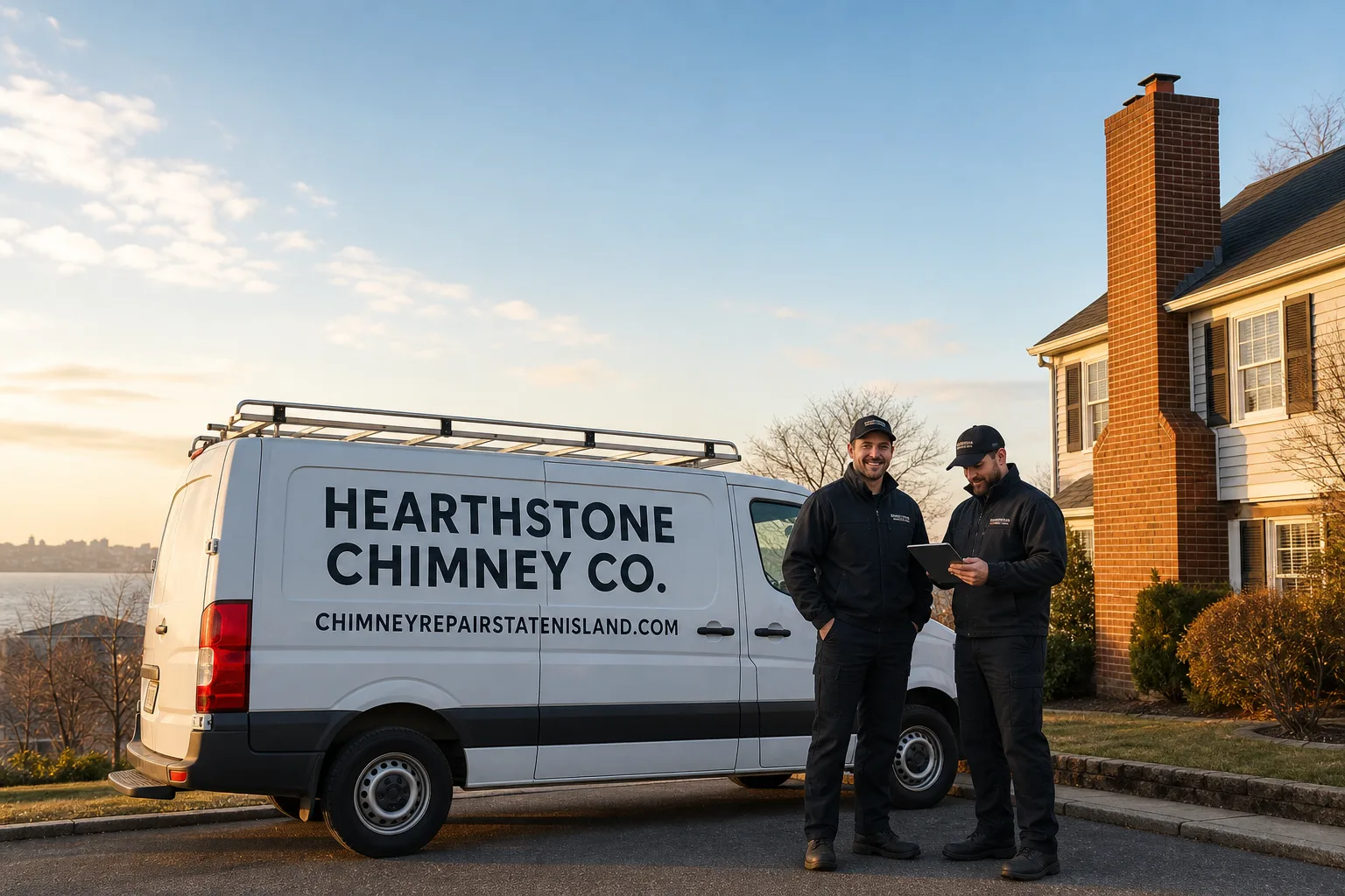 Hearthstone Chimney Co. chimney cleaning service vehicle and crew in Staten Island, NY